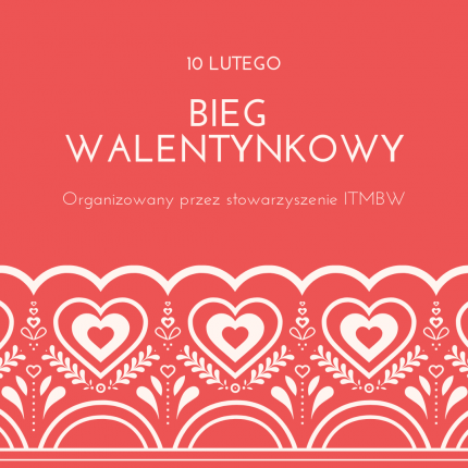 Bieg Walentynkowy - biała koronka z serc na czerwonym tle i napis dotyczący biegu